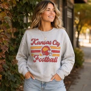 Kansas City Football Crewneck Sweatshirt Heather Gray Vintage Style Graphic L